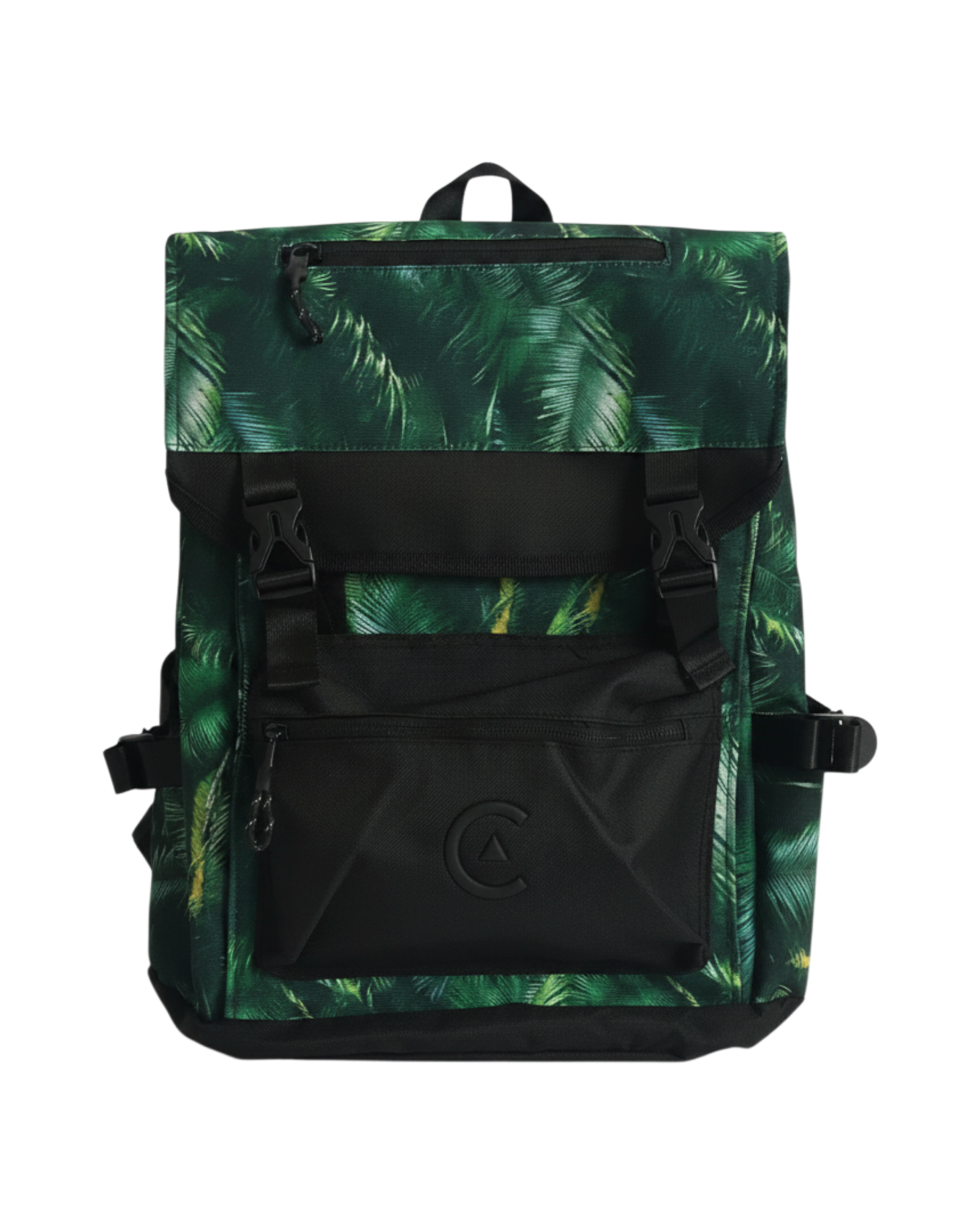 Mochila CORE FOOTWEAR Camping Palms de lona verde con estampado de hojas, cierre de broche doble y compartimento laptop