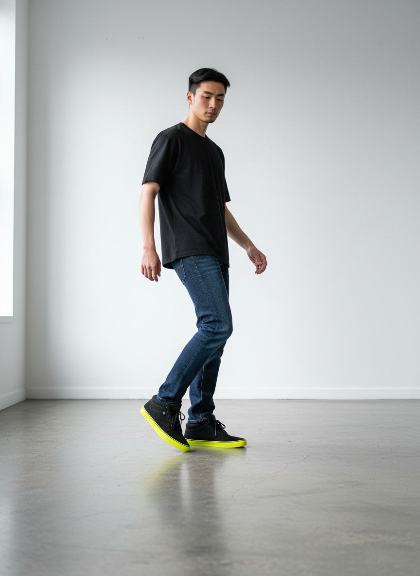 CORE FOOTWEAR Smith High en gamuza negra con suela amarilla vulcanizada, lucidas por un modelo en estudio