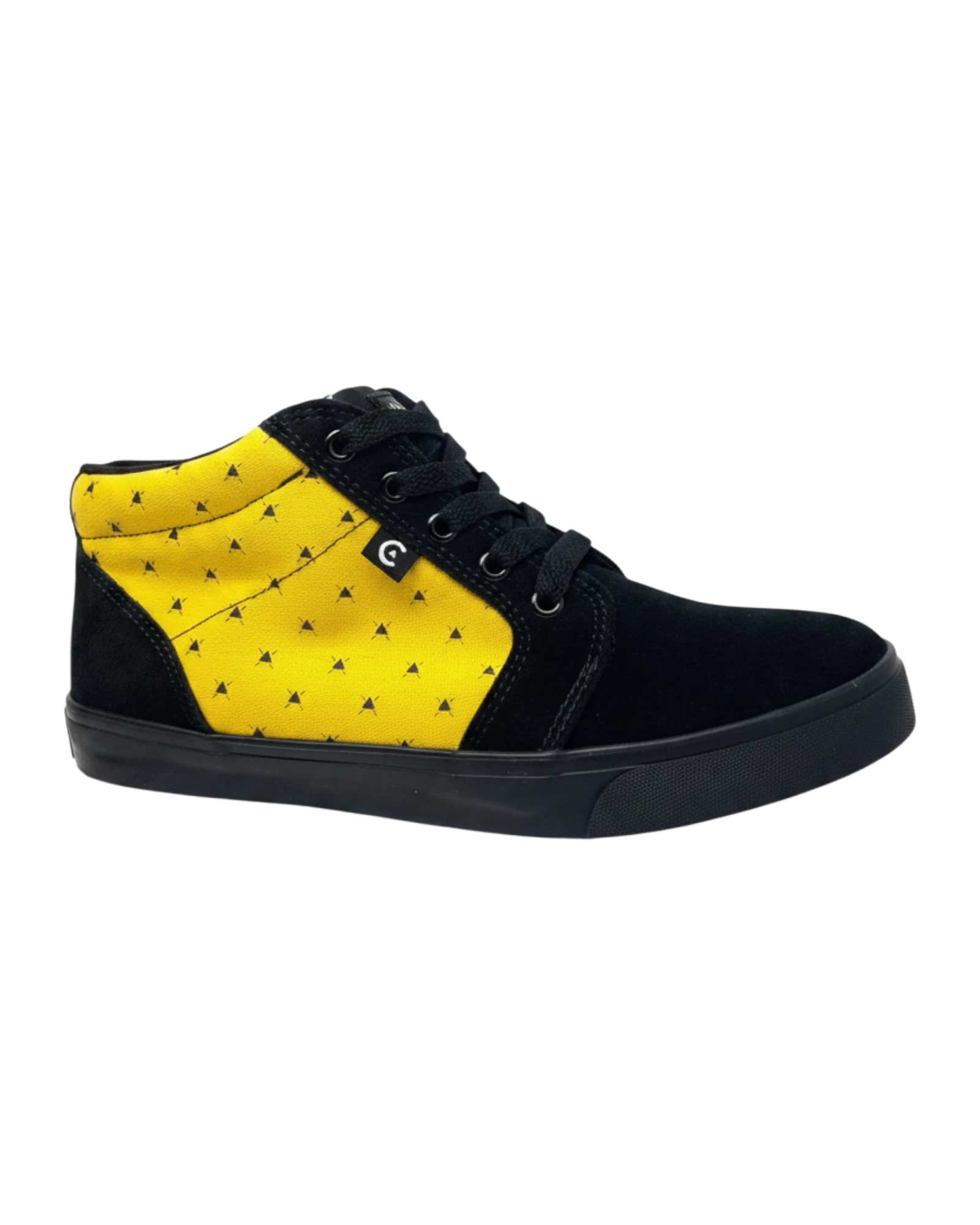 Tenis CORE FOOTWEAR Smith High de gamuza negra y amarilla con estampado de triángulos y suela vulcanizada